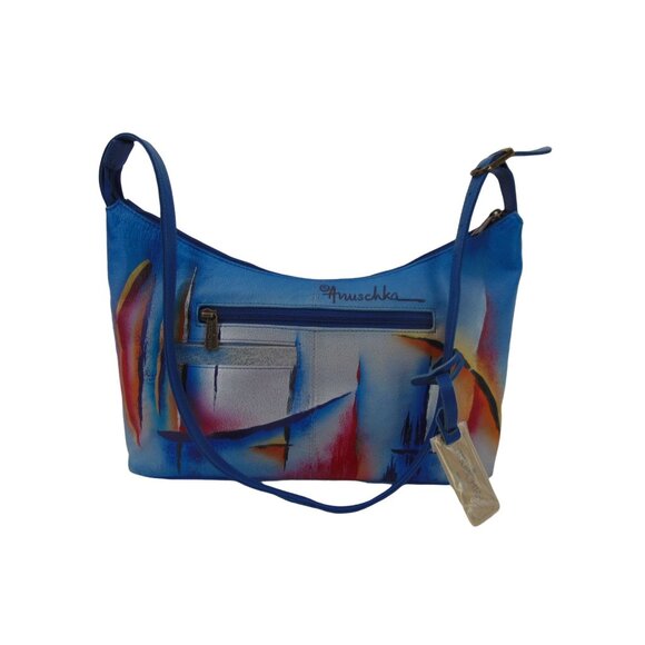 Anuschka Leather Abstract Lines Shoulder Hobo Purse Handbag Shimmer  Blue Pink - Picture 3 of 16